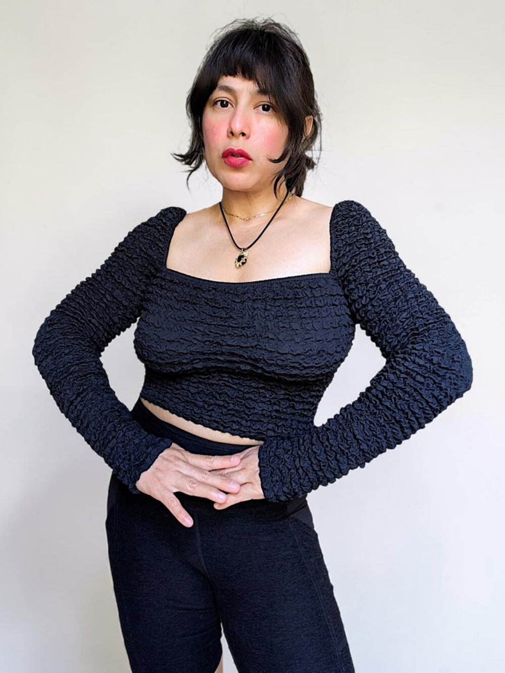 Staud retro Y2K fairy goth pop corn textured black Eleanora cropped blouse W's S